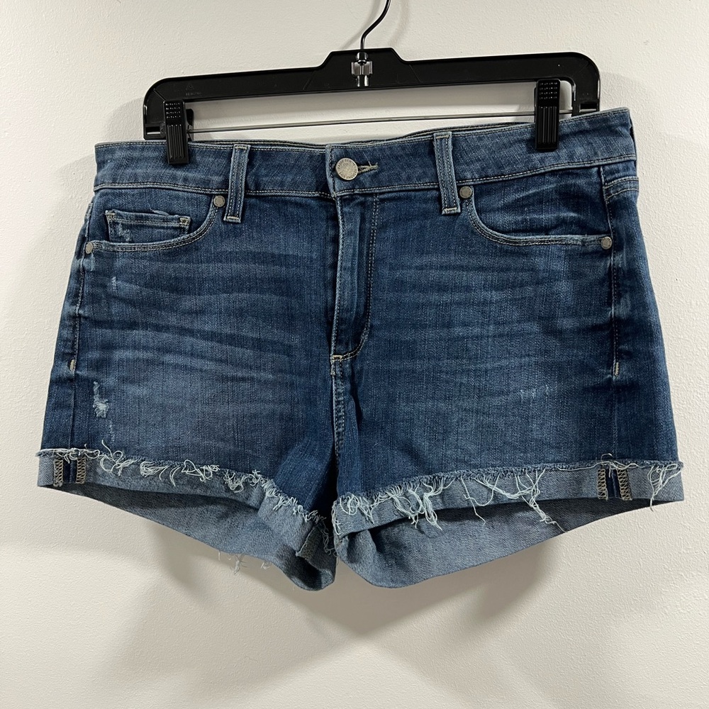 PAIGE Indigo Blue Frayed Hem Denim Shorts